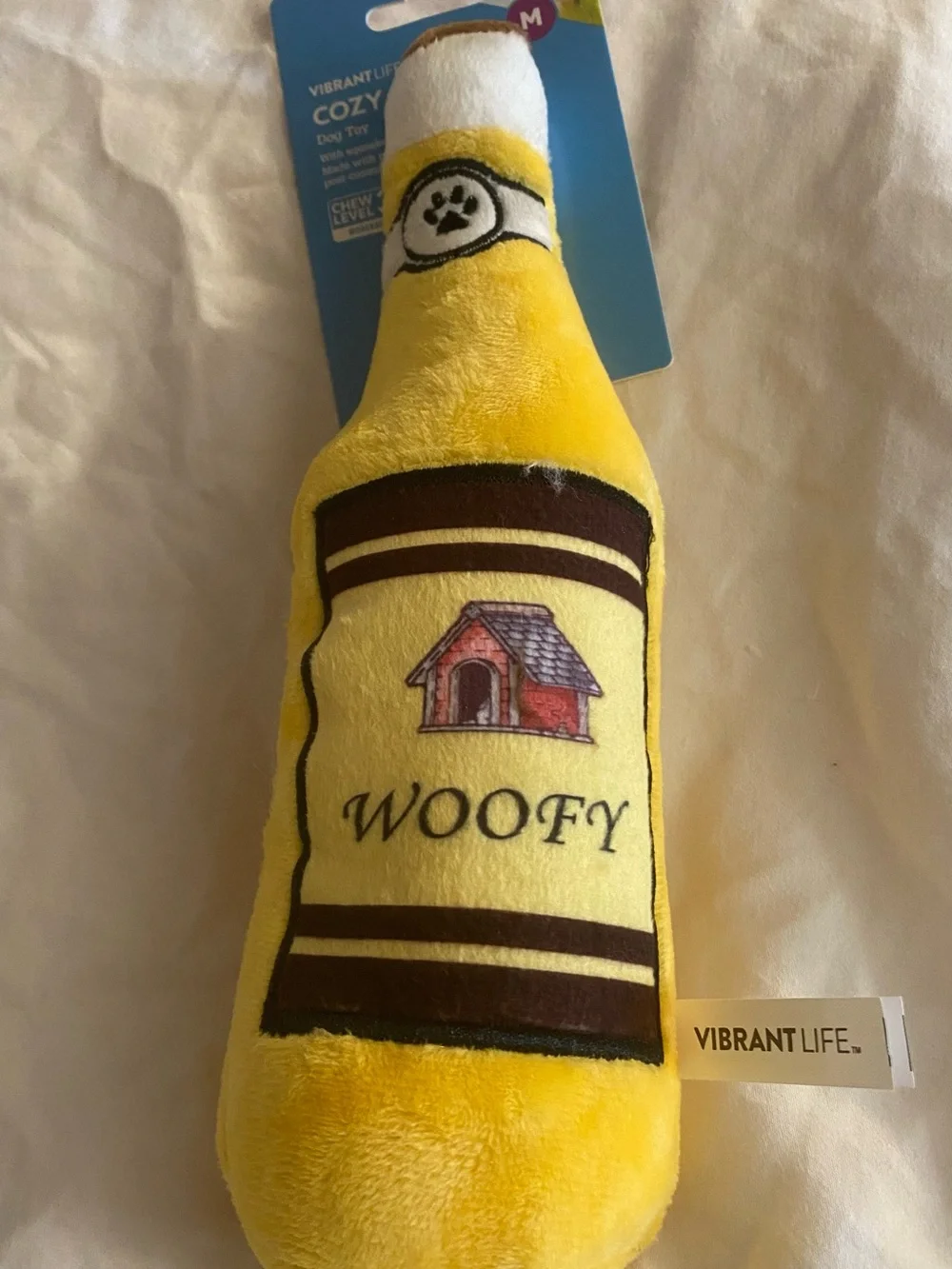 Vibrant Life Woofy Bottle Dog Toy Plush Squeaky Medium Chew Level 3